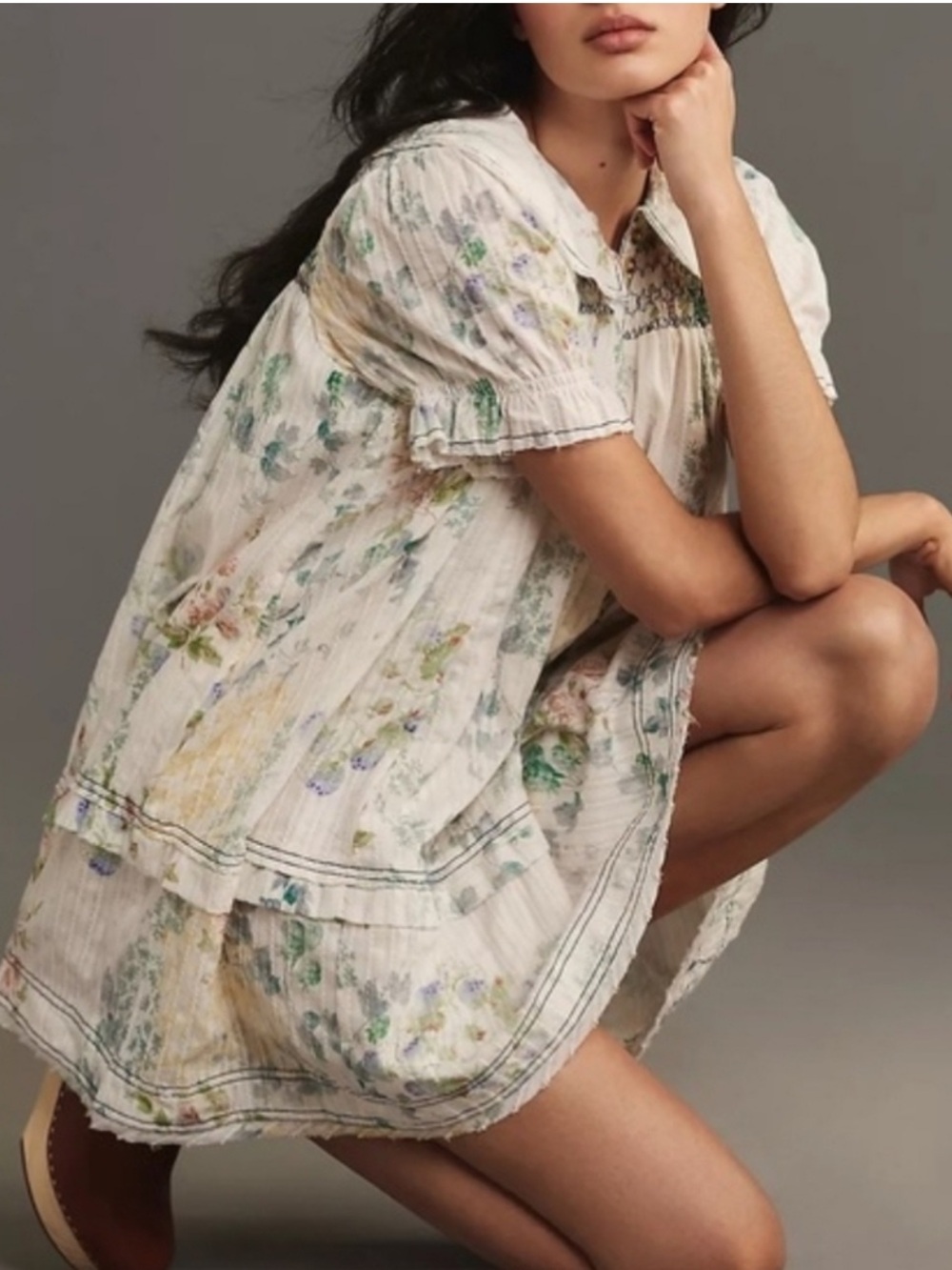 Pilcro Cream Mini Dress with Blue Floral Print